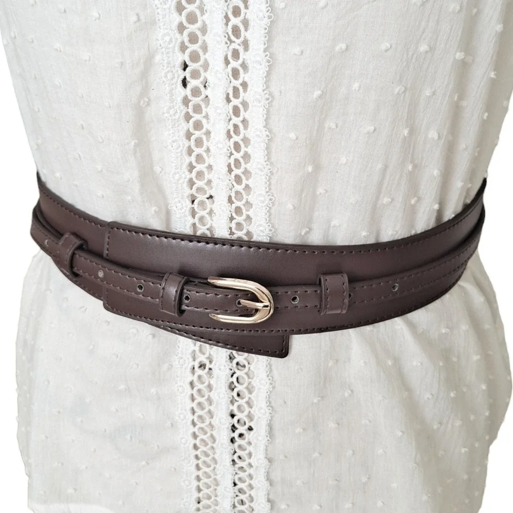Western Brown Faux Leather wide waist Belt Boho Corset Gold buckle statement